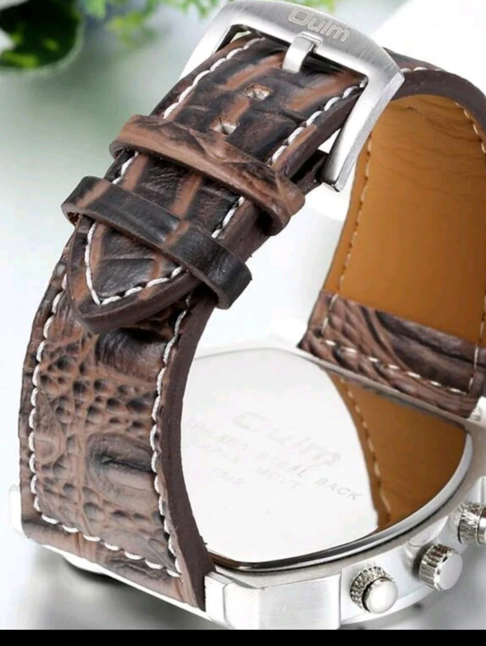Men's Chunky Multi-Dial Watch with Brown Leather Strap